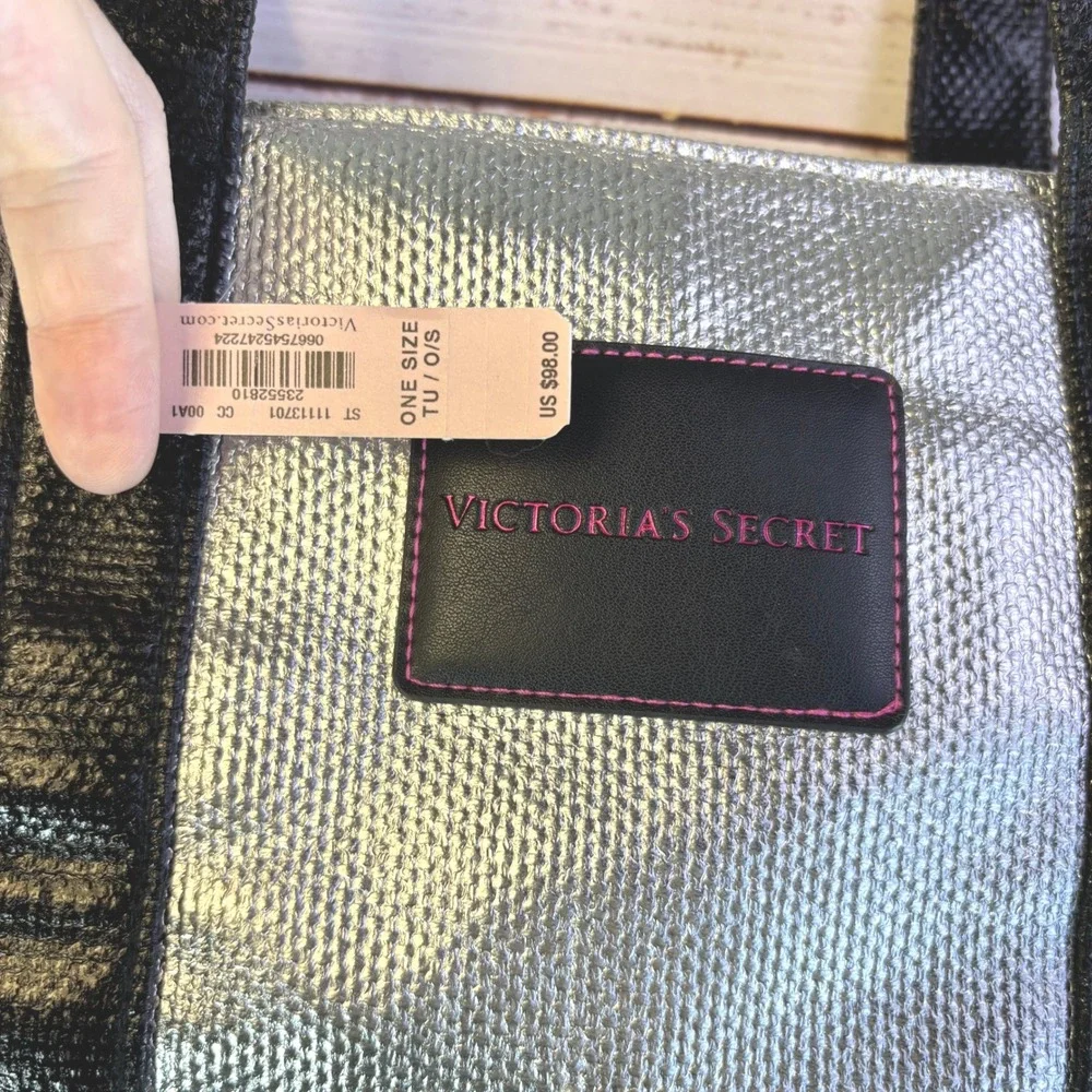 Victoria's Secret Tote Bag Silver Black Metallic Textured Y2K Aesthetic NWT